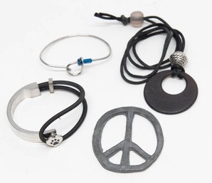 Eclipse Moon Necklace, Leather And Metal Dog Print Bracelet And Metal Peace Sign Jewelry