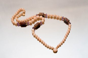 Angel Skin Coral Beaded With Purple Stone Beads Necklace