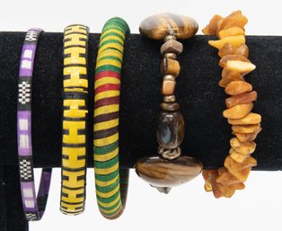 Wood, Leather, Glass And Bead Safari Bracelets