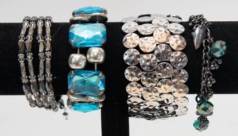 Magnetic Black Bead, Turquoise Chunky And Stretch Disc Silver Tone Bracelets