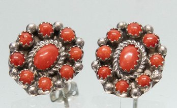 Native American Signed Sterling And Coral Cluster Earrings 4.17g