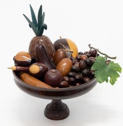 Mid Century Pedestal Bowl Of Wooden Fruit