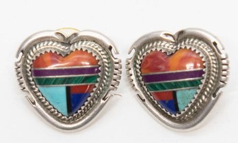 Navajo Jon McCray Signed Sterling And Multi Stone Inlay Heart Earrings 11.85g