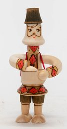 Vintage Russian Folk Art Man Holding A Bowl Wood Pyrography Carved Figure