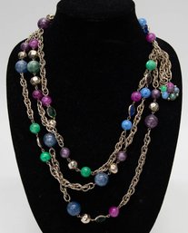 Vintage Long Multi Strand Chain Cosmic Purple And Blue  Beaded Necklace