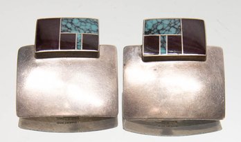 Navajo Signed Ray Tracey Knifing Sterling And Turquoise Earrings 14.62g