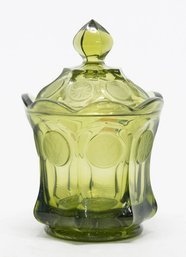 Fostoria Avocado Green Coin Dot Lidded Candy Jar