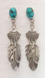 Native American Sterling And Turquoise Feather Dangle Earrings 9.81g