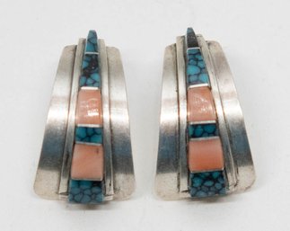 Native American Turquoise And Coral Inlay Half Hoop Earrings 4.27g