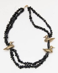 Brass Duck And Black Glass Double Strand Necklace