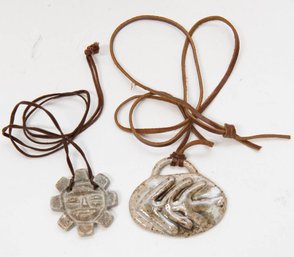 Leather And Stone Sun Mask And Fossil Design  Pendant Necklaces