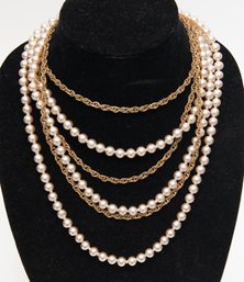 Vintage Gold Tone Chain And Faux Pearl 6 Strand Layered Evening Necklace
