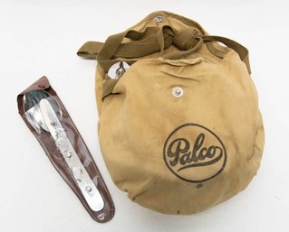1950s Palco Aluminum Camping Set In  Canvas Pouch And Utensils