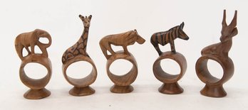 Set Of 5 Hand Carved Wooden African Safari Animal Napkin Rings