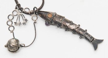 Movable Metal Fish And Lure Pendant Necklace