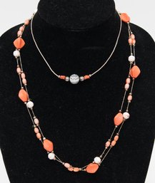 Coral Acrylic Beaded Infinity Necklace And Silver Tone Bead Ball Choker