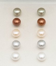 Five Pair Cultured Pearls On Sterling Silver Green Copper Silver White