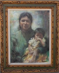 Dee Toscano. (American, B. 1932). Navajo With Child. Mixed Media On Board. Signed Lower Right Toscano