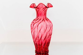 11' Fenton Country Cranberry Spiral Ruffled Top Vase #2
