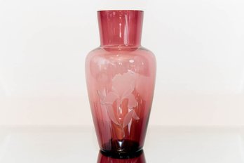 10.75' Fenton Amethyst Sand Carved Iris Vase Signed