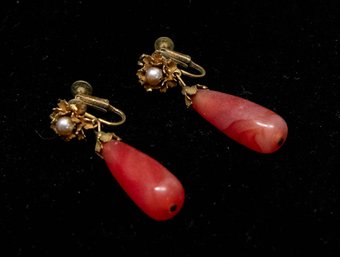 Vintage Victorian Screw Back Faux Pearl And Glass Teardrop Earrings