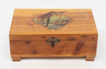 1970s Hand Carved Scenic Lake Wooden Jewelry Treasure Box