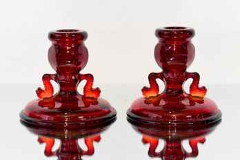 3.4' Fenton Red Amberina Dolphin Poinsettia Candle Holders