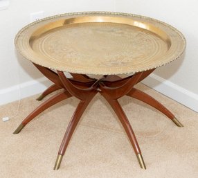 Moroccan Incised Brass And Mahogany Folding Six Leg Tray Table