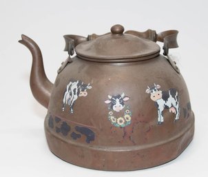 Vintage Copper Teapot With Cow Decals