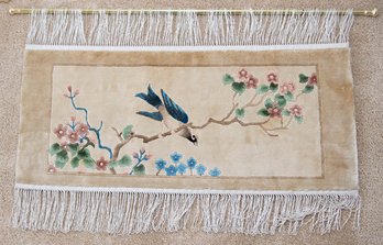 Vintage Chinese Silk Tapestry With Magpie And Cherry Blossom