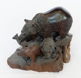 Mama Grizzly Fishing With Her Cubs Wood Carved Sculpture