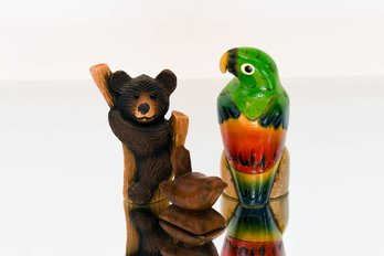 Hand Carved Wooden Bear, Parrot And Bird