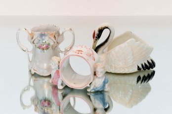 Porcelain Swan, Handled Vase And Napkin Holder