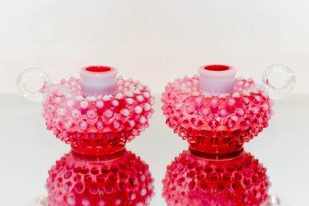 Fenton Cranberry Opalescent Hobnail Candle Holders