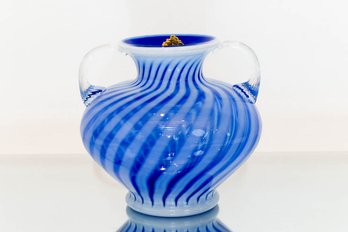 7' Fenton Blue Spiral Opalescent Handled Vase 190/1000