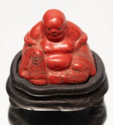 Chinese Carved Cinnabar Seated Buddha Raised On Circular Wood Stand #2 * Appraised