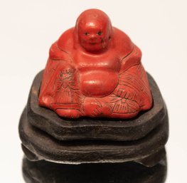 Chinese Carved Cinnabar Seated Buddha Raised On Circular Wood Stand #3