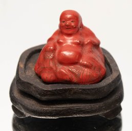 Chinese Carved Cinnabar Seated Buddha Raised On Circular Wood Stand #4