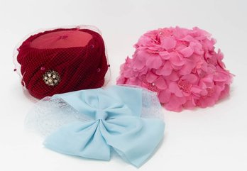 1940s Ladies Red Velvet, Pink Flowers And Light Blue Lace Veil And Pillbox Hats