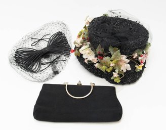 1940s Ladies Allene Black Floral Band Pillbox Hat, Clutch And Black Lace Veil