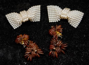 Vintage Brown Acrylic Fern Clip-on Earrings And Bow Clips