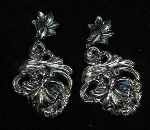 Large Silver Tone Nouveau Clip-on Dangle Earrings