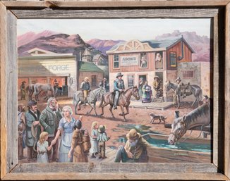 Acrylic On Canvas R.W. Draney Untitled Western Town Scene