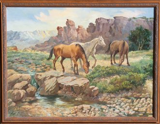 Horses Drinking In The Canyon Creek R.W. Draney Oil On Canvas