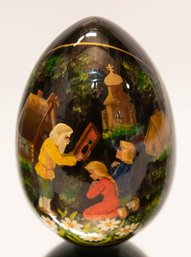 Russian Black Laquered Hand Painted Blessing Egg