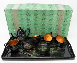 Japanese Lacquer Ware Tea Set And Tray With Original Box