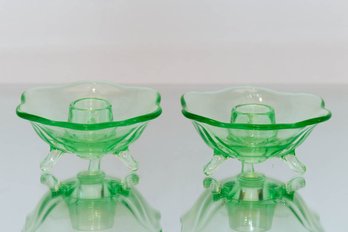 4.5' Fostoria Green Uranium Glass Candleholders