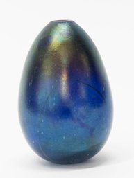 1989 Signed Blue Iridescent Glass Studio Egg Bud Vase