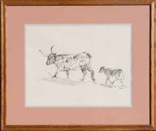 1978 Longhorn And Calf Ink On Paper Signed Rogue Guirey Simpson