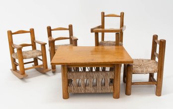 Wood And Rush Miniature Doll Furniture Made In Haiti Table, Rockers And High Chair
